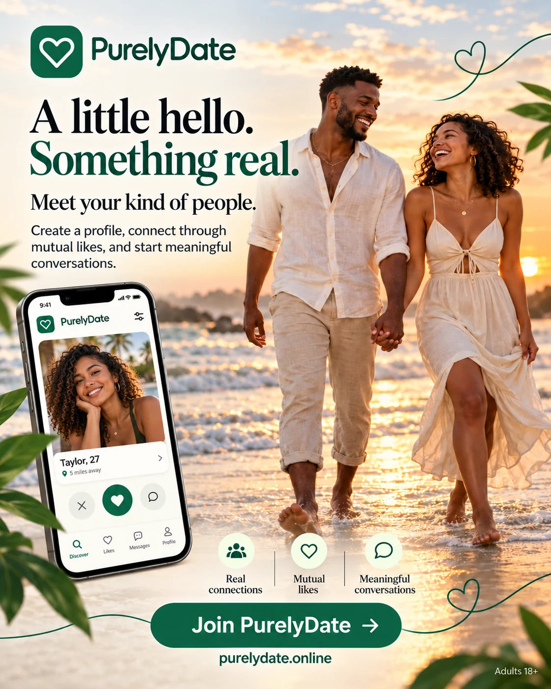 PurelyDate promotional artwork of two adults walking together on a beach