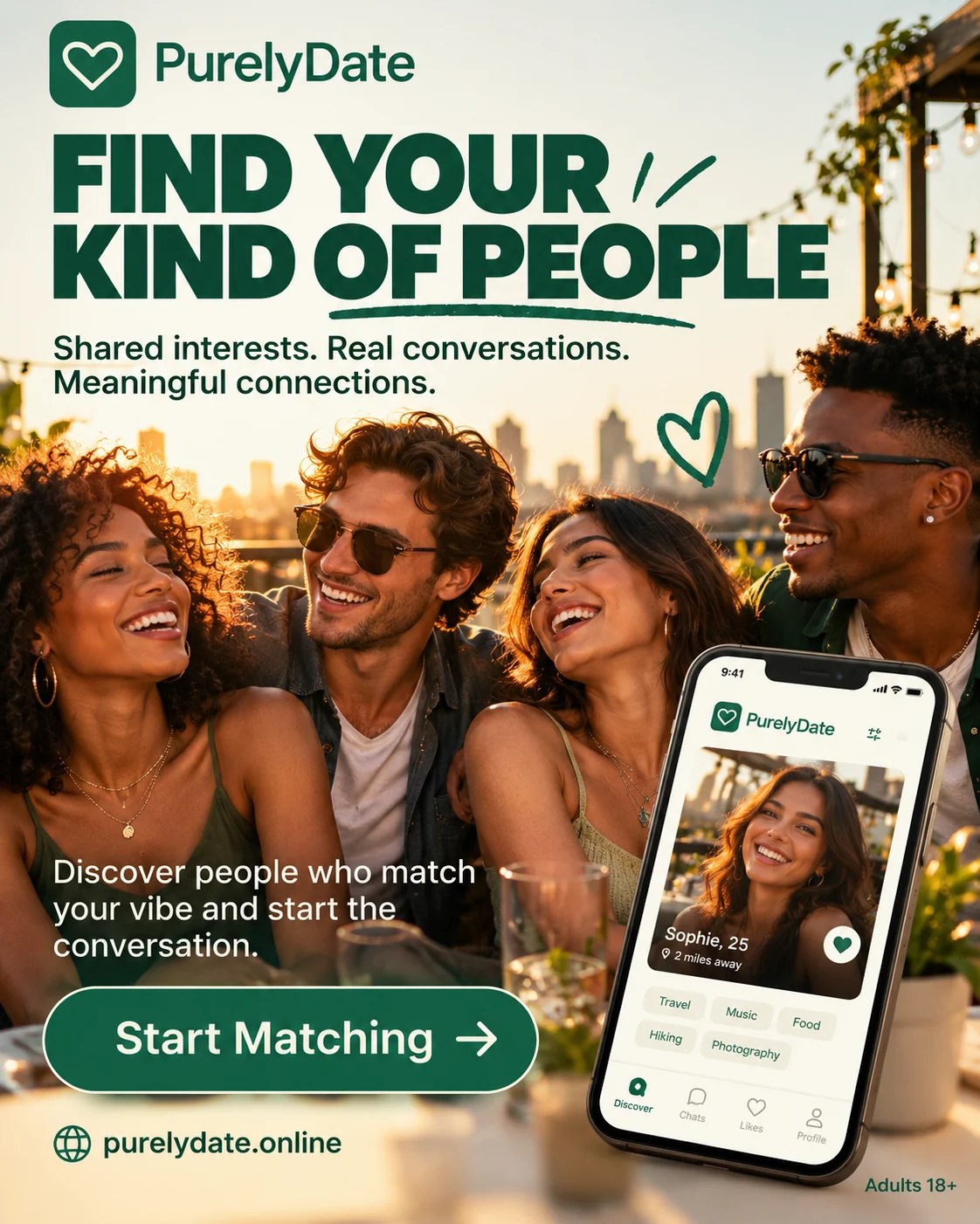 PurelyDate concept poster of friends smiling together beside an app mockup