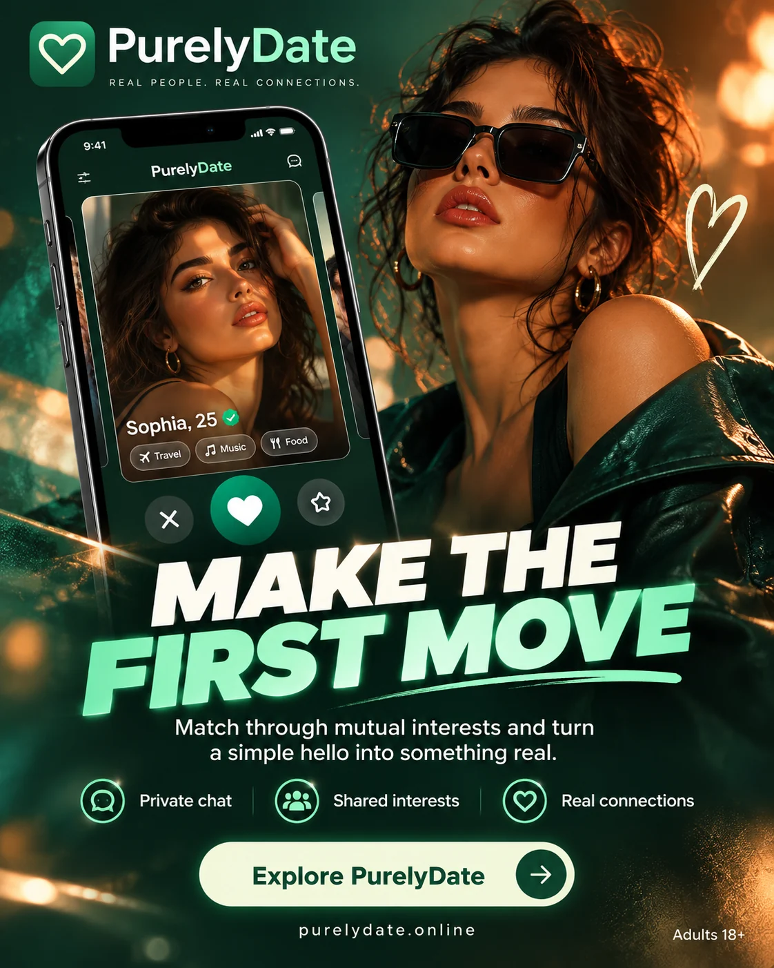 PurelyDate illustrated matching poster with a profile card mockup