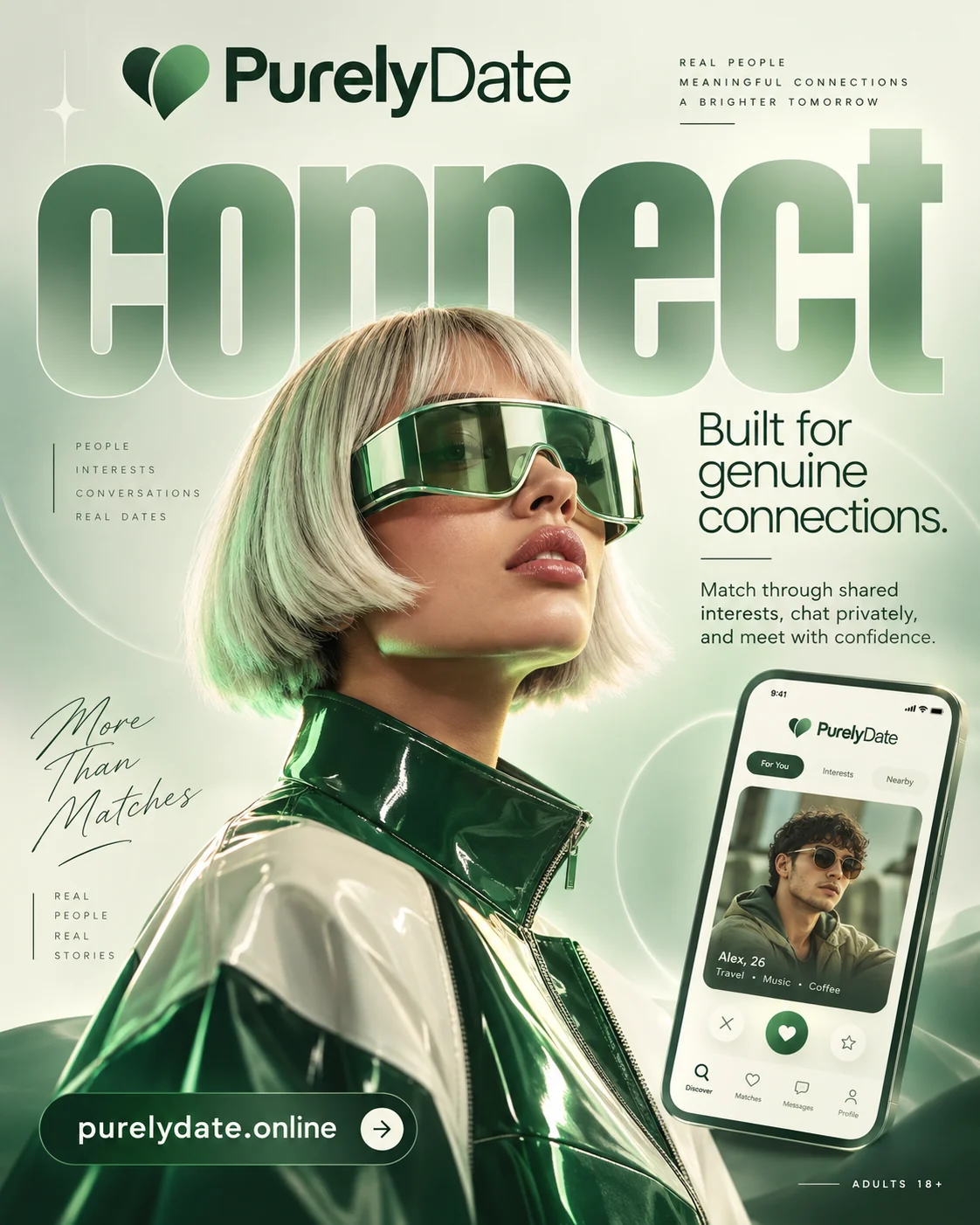 Green PurelyDate concept poster with a member profile mockup