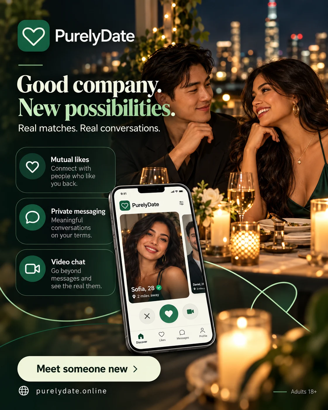 PurelyDate promotional poster of two adults sharing a conversation over dinner at night