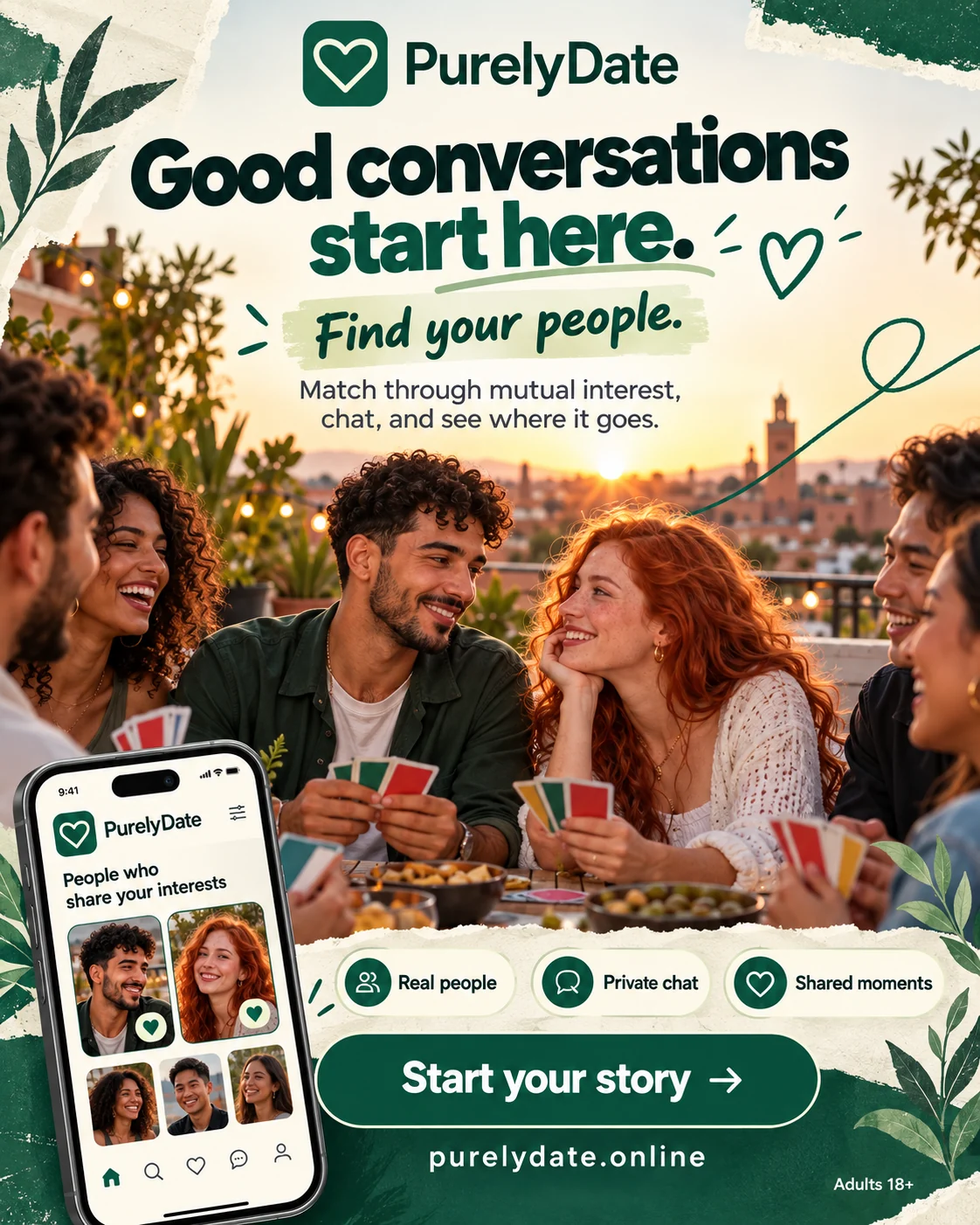 Illustrated PurelyDate poster of friends talking over a game at sunset