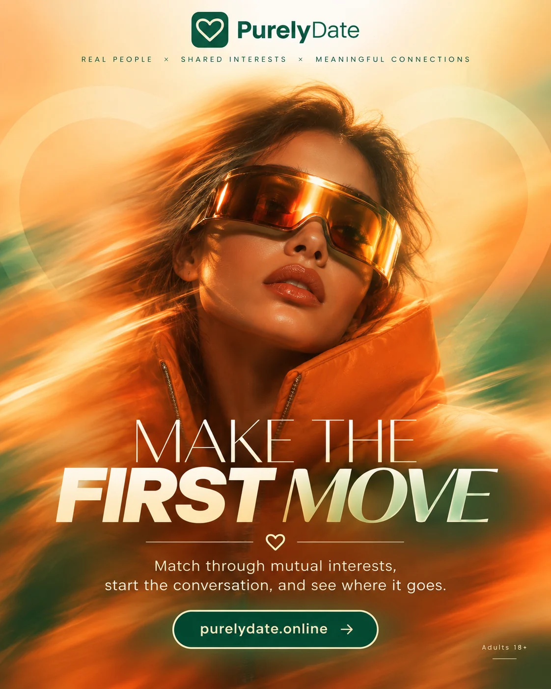 Orange PurelyDate promotional poster about meeting through shared interests