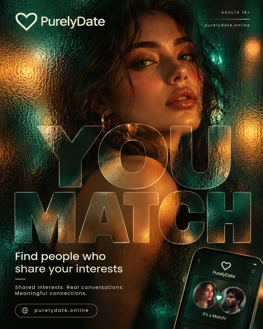PurelyDate illustrated poster about matching through shared interests