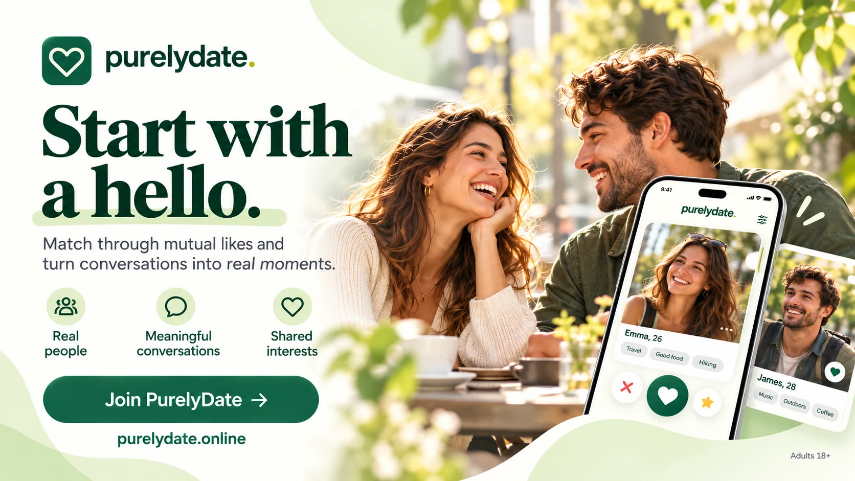 PurelyDate artwork showing two adults talking over coffee beside illustrative member cards