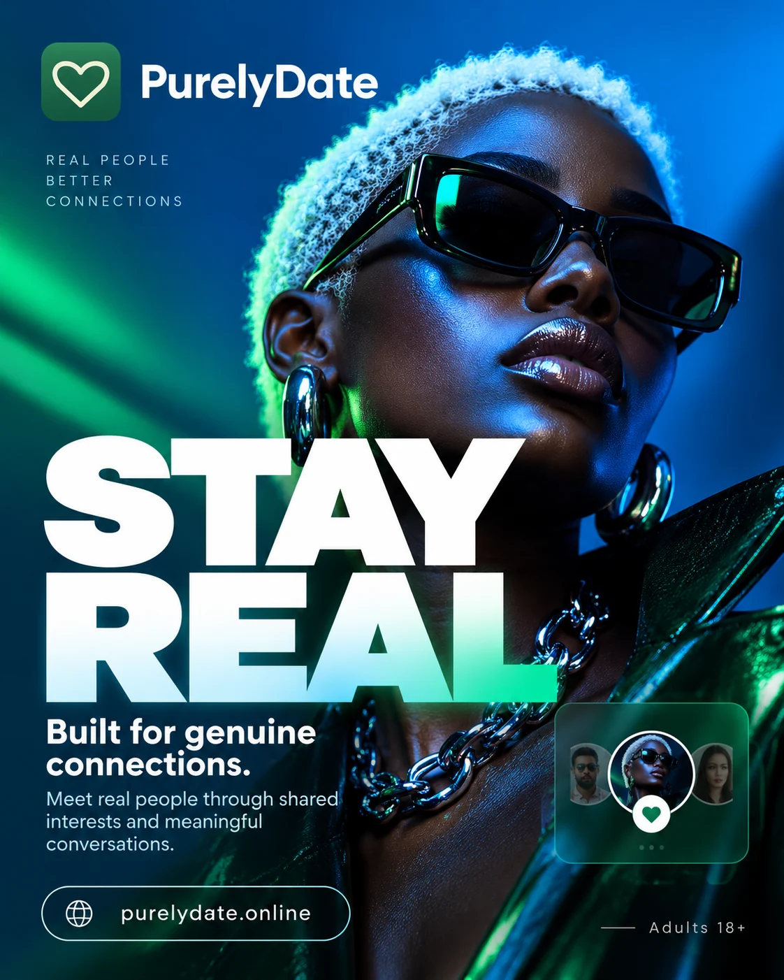 Blue PurelyDate brand poster about genuine connections