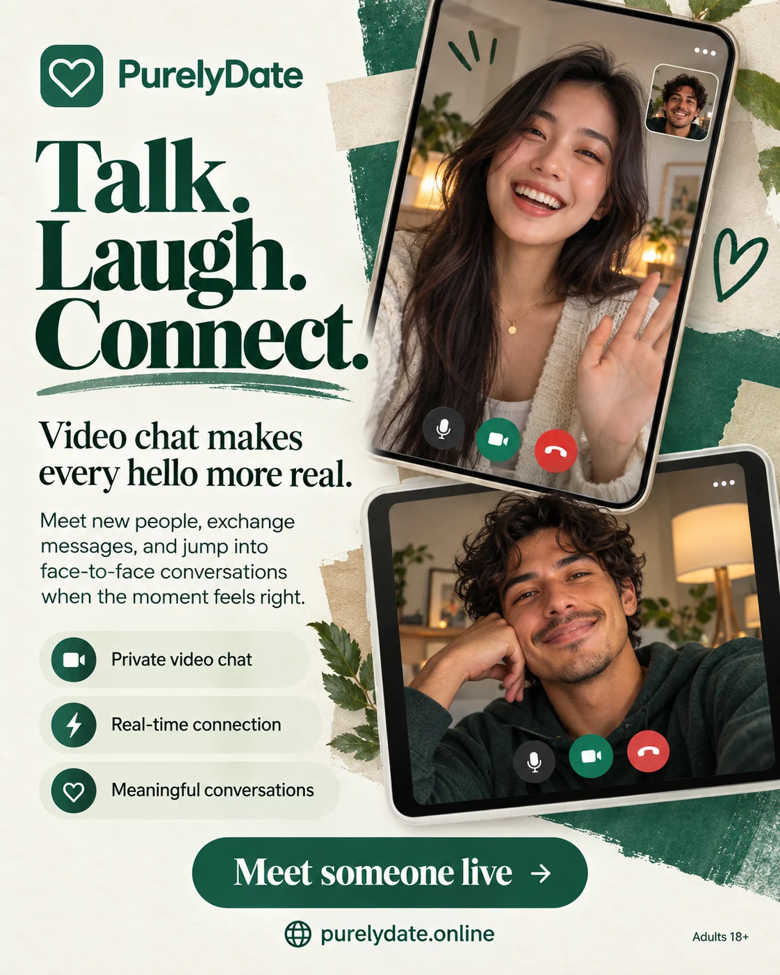 PurelyDate concept poster showing an illustrated face-to-face video conversation